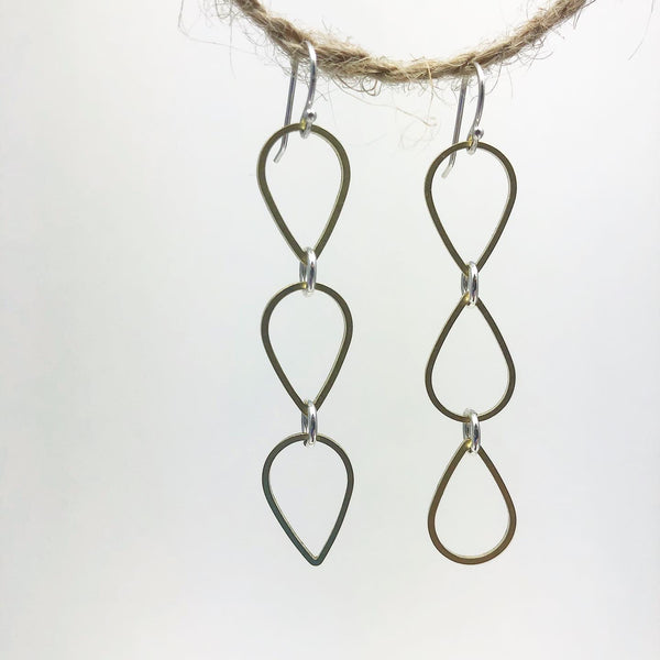 Triple Teardrop Minimalist Earrings Forged in Silver & Brass