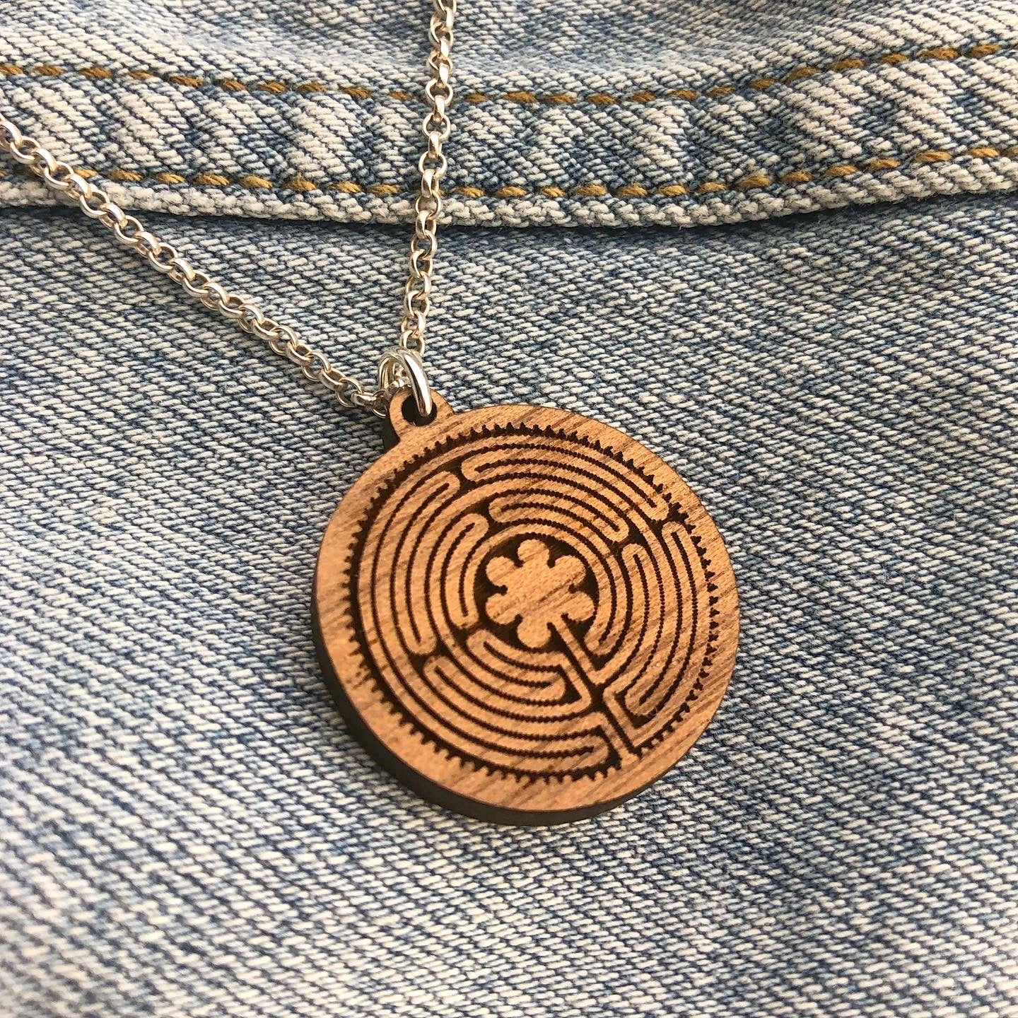 New Harmony Chartes Labyrinth Wood Pendant on Silver