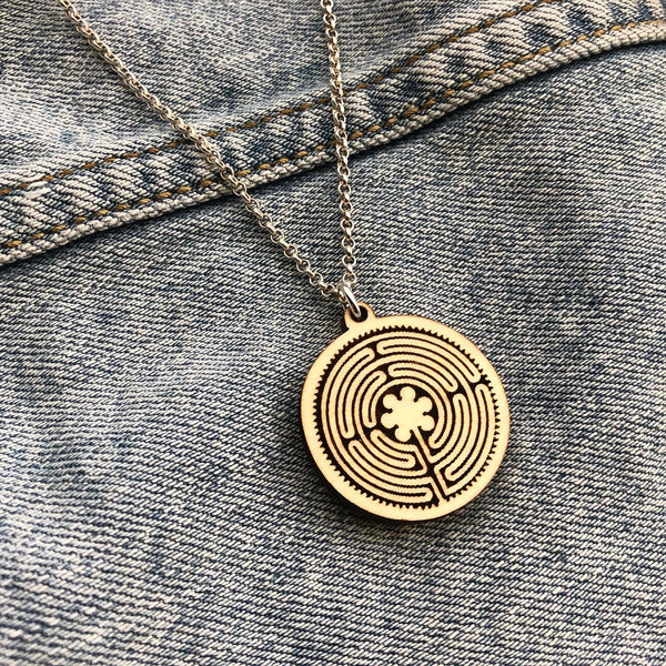 New Harmony Chartes Labyrinth Wood Pendant on Silver